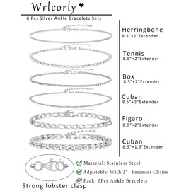 Wrlcorly 6PCS 18k Gold Plated Stainless Steel Ankle Bracelets for Women Waterproof Layered Herringbone Figaro Bead Paperclip Rope Tennis Box Cuban Link Rolo Satellite Chain Anklets Set Gold Tone, 3mm,