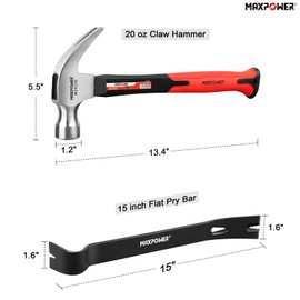 MAXPOWER 20oz Claw Hammer and 15-Inch Flat Pry Bar Set