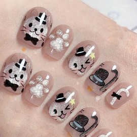 EYZOTSF Press on Nails Square Short Length Acrylic Glossy Full Cover Square Cute False Nails with Gentleman Cat Designs Artificial Extra Short Square Shaped Fake Nails Glue ons Fingernails for Women