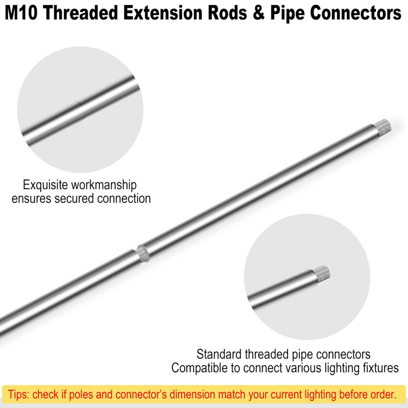 4 Pieces 12-inch M10 Threaded Extension Poles Lighting Fixture Downrods