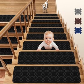Pisadas de escalera negras para escalones de madera, paquete de 15 alfombrillas antideslizantes de 30 x 8 pulgadas, para escaleras interiores para niñ