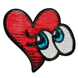 Sequins Heart and Cartoon Eyes Iron-On Applique, Sequin Patch by 1 pc, 6-1/2" x 7", TR-11482