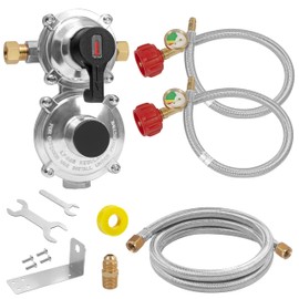 2 Stage Auto Changeover LP Propane Gas Regulator With Two 18" Rv Pigtail Propane Hoses With Gauge,48" Stainless Braided Regulator Hose With 3/8" NPT Male & Male Flare For Rvs,Trailers,Campers