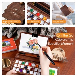 Fuumuui Travel Watercolor Palette 24 Grids Foldable with 2pcs Sable Travel Watercolor Brushes, Portable Walnut Wood Palette Box for Plein Air Painting