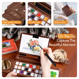 Fuumuui Travel Watercolor Palette 24 Grids Foldable with 2pcs Sable Travel Watercolor Brushes, Portable Walnut Wood Palette Box for Plein Air Painting