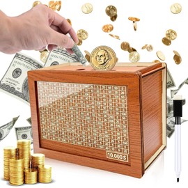 Wooden Money Box Money Bank, Countdown Money Saving Box with 10000 Dollars Target, Money Box with Money Target and Numbers to Check for Boys Girls (10000 USD)