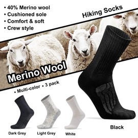 Busy Socks 3 Pack Women's White Thick Wool Hiking Socks 40% Merino Wool High Performance Arch Support Athletic Mountain Climbing Cushioned Socks for Hiker Trail Running, White, Medium