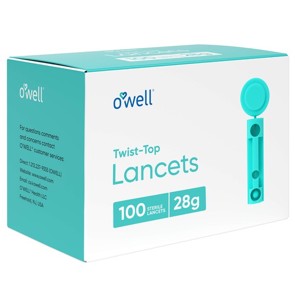 O'WELL Twist Top Lancets 28 Gauge, 100 Count | Thick Needle Lancets for Blood Glucose & Keto Testing | Box of 100 Sterile Lancets