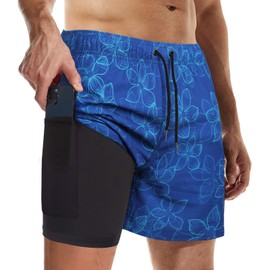 Suwangi Men's Swim Trunks Double Layer Beach Shorts Quick Dry Swimming Trunks Compression Liner 2 in 1 Swim Shorts Boxer Brief Waterproof Surfing Boar Blue
