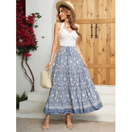 R.Vivimos Womens Summer Cotton Vintage Floral Print Boho Casual Ruffled Flowy Maxi Skirt (Medium, LightBlue)