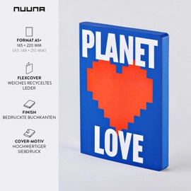 Nuuna Notebook A5+ | Graphic L - Planet Love | 3.5 mm Dot Grid | 256 Numbered Pages | 120 g Premium Paper | Blue Leather | Sustainably Produced in Germany