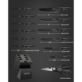 syvio Block Knife Set, 15 Pcs Kitchen Knife Set with Block and Sharpener, with Heavy Poultry Shears and 6pcs Serrated Steak Knives Razor-Sharp, Stainless Steel, Lightweight, Anti-Slip Handle