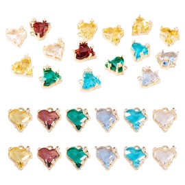 FASHEWELRY 15 Pieces Heart Charms Brass Micro Pave Cubic Zirconia Glass Charms with Jump Ring Golden Crystal Heart Charms for Bracelet Necklace Earring Jewelry Making Valentine's Day