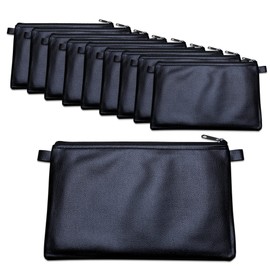 Pack of 10 Bank Bags with Zip Set Money Bags 27 x 17 cm Faux Leather Black for Documents up to A5