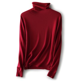 Ciovkis Women's Merino Wool Blend Sweater Fall Winter Turtleneck Long Sleeve First-Line Ready to Wear Seamless Knit Sweater (Red,S)