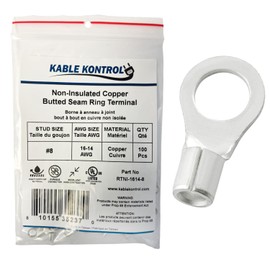 Kable Kontrol Copper Ring Terminals, 16-14 AWG, 100 Pcs, Stud Size #8, Non-Insulated High Temperature Electrical Wire Crimp Terminals, for Automotive, Industrial, Aerospace, HVAC Wiring - Silver