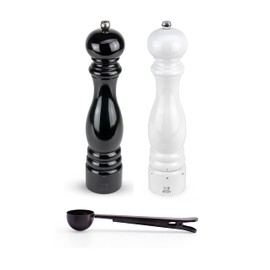 Peugeot Paris u'Select 6 Setting Manual Salt & Pepper Mill Set With Black Stainless Steel Spice Scoop Made In France (White & Black Lacquered, 12- Inch)