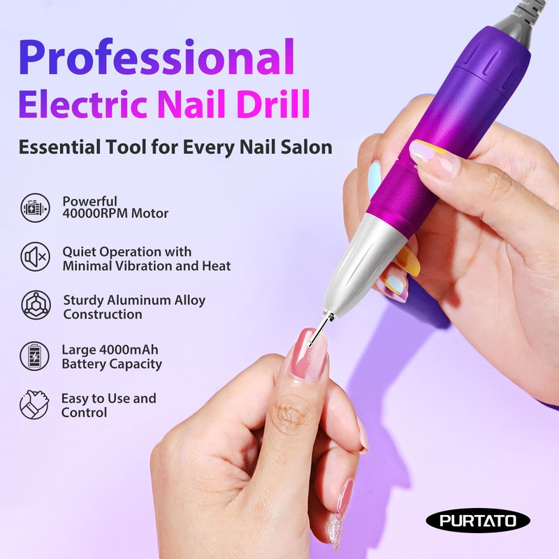 PURTATO Professional Nail Drill 40,000 RPM, Rechargeable,LCD Display E File