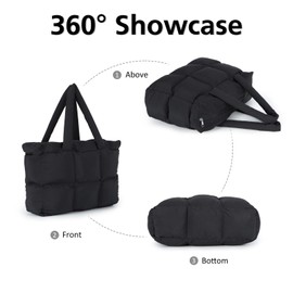 Jywmsc Buffer Tote Bag for Women Large Quilted Padded Handbags Lightweight Shoulder Bags for Travel Gym Shopping Work, black