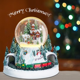 Christmas Snow Globes Moving Train in Village Houses Snowman Christmas Snow Globe with 8 Songs Color Changing Battery Operated Musical Box for Christmas Home Party Décor