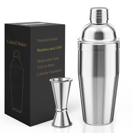 LUCKYGOOBO Cocktail Shaker with Double Measuring Jigger,Professional Stainless Steel 24oz Martini Shaker Set,Drink Built-In Strainer,Bartender Kit.