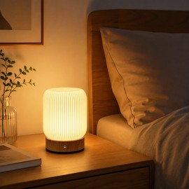 Cordless Touch Desk Lamp for Bedroom and Office – Rechargeable LED Night Light with Wood Grain Base for Bedside and Study Spaces