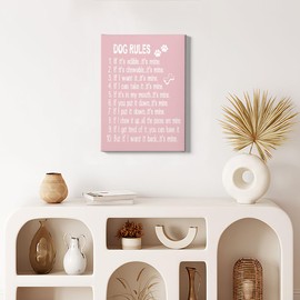 HIWX Dog Wall Art, Dog Wall Decor, Funny Quote Dog Rules Framed Canvas Painting Wall Art Decor, Dog Lover Sayings Wall Art Artwork Home Decoration For Living Room Bedroom Bathroom 11x14 Inch (Pink)