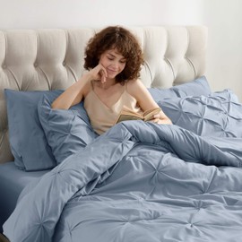 Nestl Queen Comforter Set 7 Piece - Pinch Pleated Comforters Queen Size Stone Blue, Bed in a Bag Queen All Season, Queen Size Comforter Set Bedding with Flat Sheet, Fitted Sheet, Pillowcases and Shams