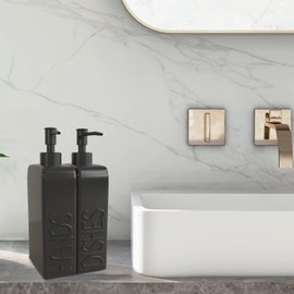 Karisky Ceramic Soap Dispenser Set, 2 Pack Kitchen Soap Dispenser with Funnel, Non-Slip Silicone Pads, Liquid Hand Soap and Dish Soap Dispenser for Kitchen, Bathroom, Matte Black