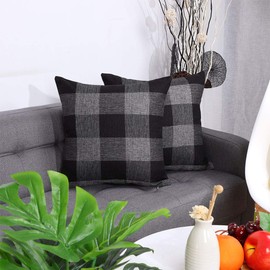 sourcing map Pack of 2 Check Cotton Linen Cushion Cover, Decorative Throw Pillow Cases for Home Couch Bed Car Decors - Square Pillow Covers 45x45cm/18x18in, Black, Grey 45 x 45cm