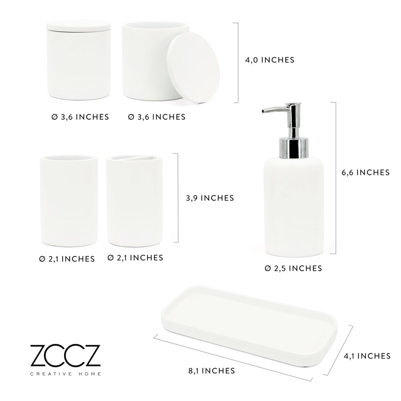 ZCCZ White Bathroom Accessories Set 6 Pieces - Toothbrush Holder,