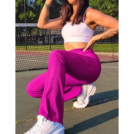 PINSPARK Women's Ribbed Bootcut Yoga Pants with Pockets High Waisted Tummy Control Bootleg Pants Elastic Flared Track Pants Rose Red L