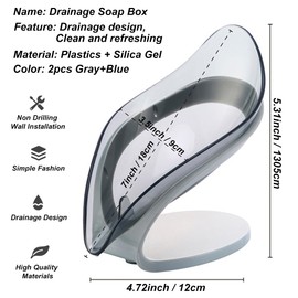 H&W 2Pcs Self Draining Soap Holder,Suction Cup Soap Dish,Shower Soap Bar Holder,Leaf Shape Soap Holder,Soap Dish Dispenser for Shower, Bathroom, Kitchen Sink (Grey + Blue)