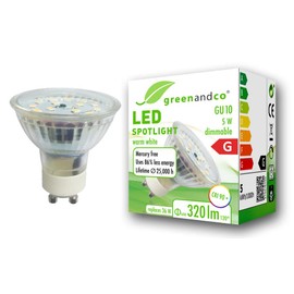 greenandco® CRI 90+ dimmable LED spot Replaces 36 Watt GU10 Halogen Spotlight, 5W 320 Lumen 3000K Warm White 110° 230V, no Flicker