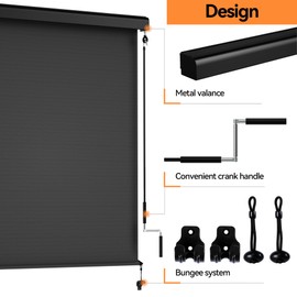 Outdoor Roller Shades for Patio with Valance, New Material Outdoor Blinds with 95% UV Blockout, Cordless Patio Roller Shades with Crank Handle for Balcony Porch, (6'W X 8'H), Black