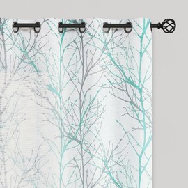 FMFUNCTEX Linen Semi Sheer Curtains for Bedroom, Auqa Blue White Curtains 84 Inches Long for Living Room, Grey Tree Branch Patterned Curtain Light Filtering Window Drapes, Grommet Top 2 Panels