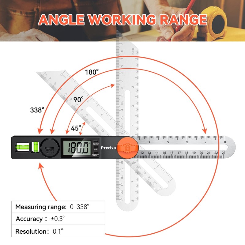 Preciva T-Bevel Gauge & Protractor with Horizontal and Vertical Bubble,0-338°