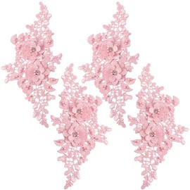 CABODYALS 2 Pairs 4Pcs Pink Floral Embroidery Applique Beaded 3D Flower Rhinestone Appliques Polyester Lace Pearl Crystal Sew on Patches for Sewing Making Clothes Wedding Gowns Accessories