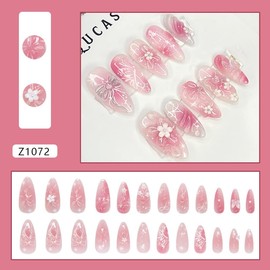 Mkwntg 24Pcs Pink Flower Press on Nails Medium Almond Fake Nails with 3D White Flower Bow Rhinestones Design Spring Summer Floral Acrylic False Nails Ombre Full Cover Stick on Nails for Women Decor