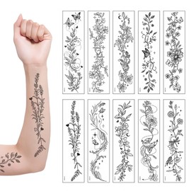 10 Sheets Temporary Tattoos for Adults, Fake Tattoo Stickers with Realistic Henna, Tiny Branches, Floral Patterns, and Minimalist Designs for Long-Lasting Body Art for Women and Girls