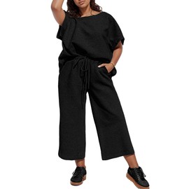 UOUA Womens Plus Size Sweatsuit 2 Piece Outfits Summer Short Sleeve Tops Wide Leg Pants Tracksuit Lounge Sets Black XL