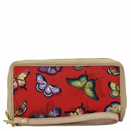 Anuschka RFID Blocking Wristlet Travel Wallet-Wanderlust Collection-Nylon Fabric with Leather Trim and Artwork Print, Butterfly Heaven Ruby