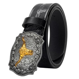 Vikodah Men Women-Western-Cowboy-Leather-Belts - Longhorn Bull Pattern Buckle Belt Floral Engraved Buckle Belt for Jeans