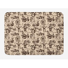 Ambesonne Circus Bath Mat, Hand Drawn Sketch Style Clown Magician Elephant Strong Man Ferris Wheel Tent, Plush Bathroom Decor Mat with Non Slip Backing, 29.5" X 17.5", Beige Dark Brown