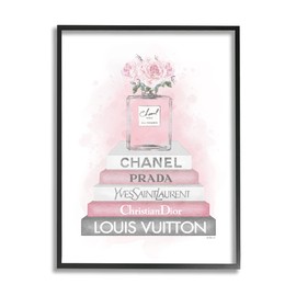 Stupell Industries Pink Roses Perfume Bottle Glam Fashion Bookstack, Designed by Amanda Greenwood Black Framed Wall Art, 24 x 30