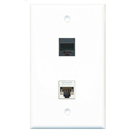 RiteAV - 1 RJ11 RJ12 Black Phone Port and 1 Cat5e Ethernet Port Wall Plate - White