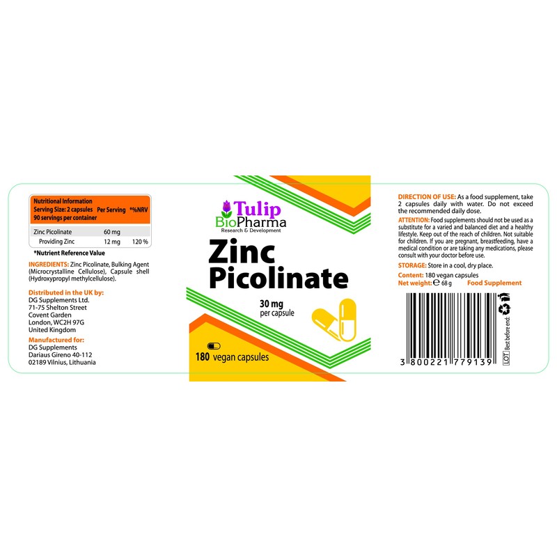 Zinc Picolinate 30mg 180 Vegan Capsules, 3rd Party Lab Tested,