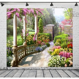 Loccor Fabric 5x5ft Spring Garden Backdrop Vintage Pillar Colorful Flower Floral Blossom Photography Background Newborn Baby Shower Party Supplies Decoration Photoshoot Photo Studio Prop Favor Banner