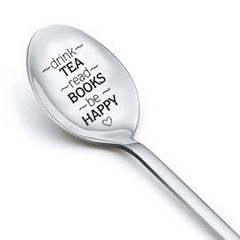 Tea Book Lovers Gifts Spoon for Women Men Drink Tea Read Books Be Happy Spoons for Tea Lover Book Reader Friendship Gifts for Girls Boys Graduation Birthday Gifts for Family Student Friend Teaspoon