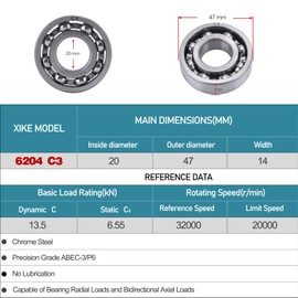 XiKe 2 x 6204 C3 ball bearings, 20 x 47 x 14 mm, open construction and chrome steel, suitable for DIY, car, motorcycle, ATV, transmission, engine, CNC, industry, agriculture and garden tools.
